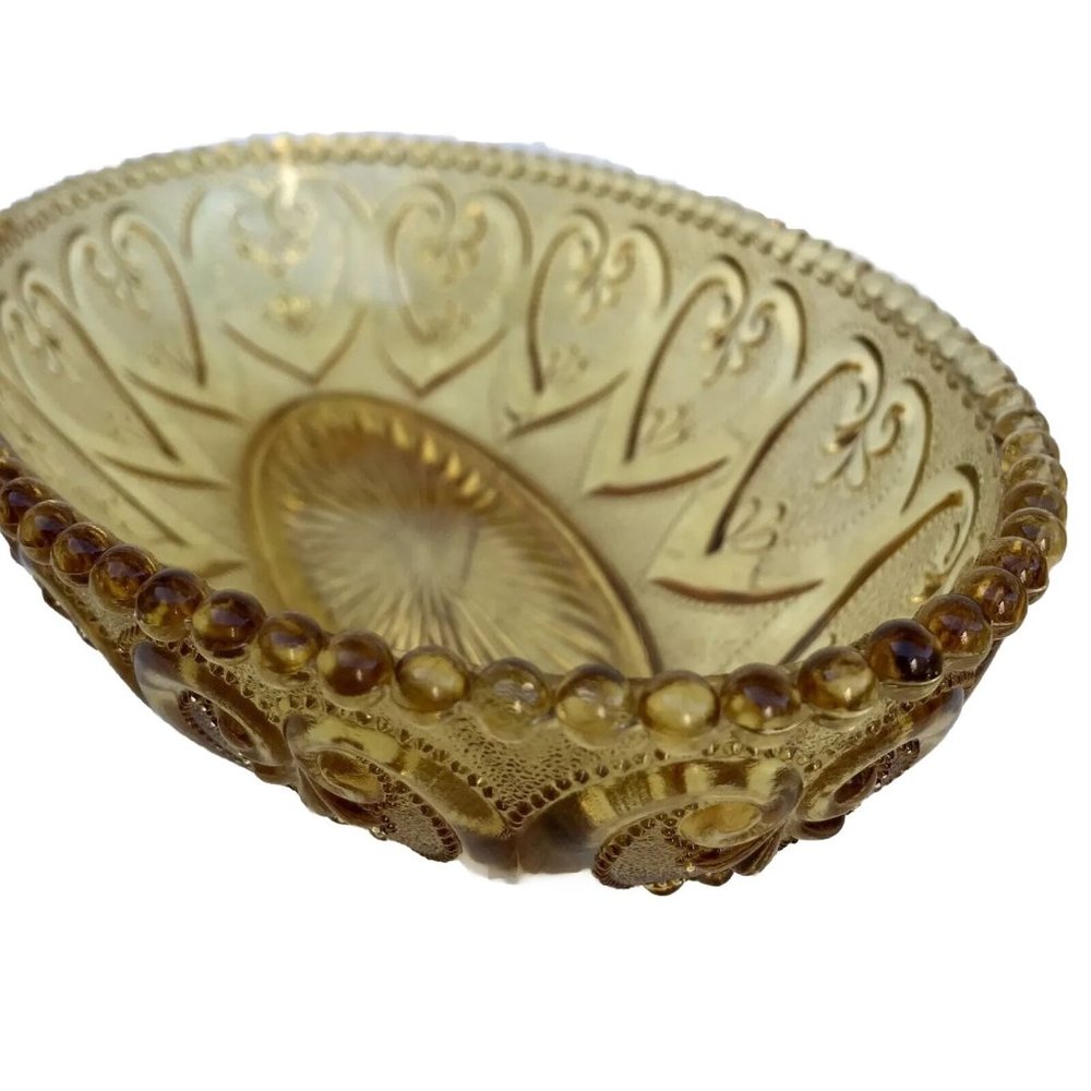 Vtg First National Glass Candy Relish Serving Dish Amber Hearts Fleur De Lis MCM